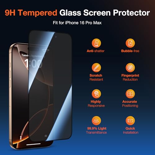 KUZOOM 2Pack Privacy Tempered Glass Screen Protector for iPhone 16 Pro Max - color: Black 16 Pro Max