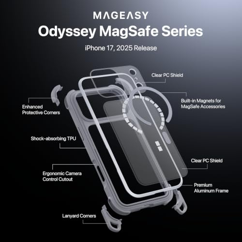 MAGEASY Odyssey MagSafe Crossbody iPhone Case with Strap for iPhone 17 Pro Max 6.9", 20ft Drop Protection, TPU Leather Shoulder Phone Carrying Case with Adjustable Lanyard (Mist) - color: Mist, size: iPhone 17 Pro Max