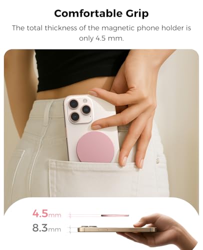 Two-Sided Magnetic Phone Ring Holder for MagSafe, Magnetic Cell Phone Grip Stand Finger Ring Kickstand Compatible with iPhone /17/16/15/14/13/12Pro Max MagSafe Accessories (Pink Metal)
