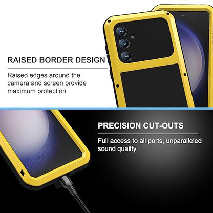 LOVE MEI Military Rugged Case for Samsung Galaxy S23 Fe, with Tempered Glass Screen Protector, Shockproof Dustproof Scratch Proof Hybrid Metal and Silicone Gel Heavy Duty Full Body Cover Yellow - color: Yellow