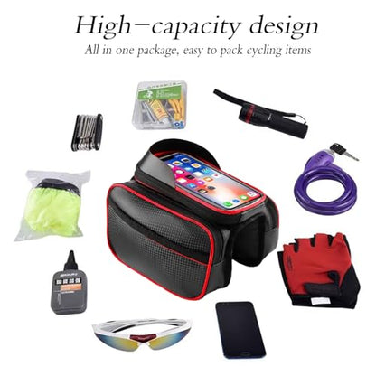 Bicycle Front Frame Bag with Touchscreen Phone Holder, Waterproof, Carbon Patterned Fabric, Top Tube Cycling Pouch(Upgrade Red) - color: Upgrade Red