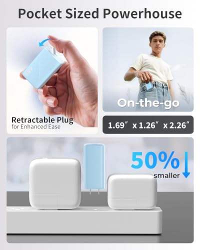 65W USB C Charger GaN, Foldable 3-Port Wall Charger Block, Fast Charging for MacBook Air, iPhone 17/16/15 Series, Samsung Galaxy S25/S24/S23, iPad Pro/Air (Blue) - color: Blue S