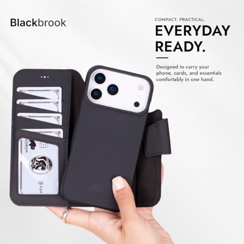 BLACKBROOK Detachable Leather Wallet Case Compatible with iPhone 17 Pro | Full-grain detachable folio with RFID blocking, 3 card slots, ID window, built-in kickstand, wireless charging, handcrafted. - color: Pebble Black, size: iPhone 17 Pro