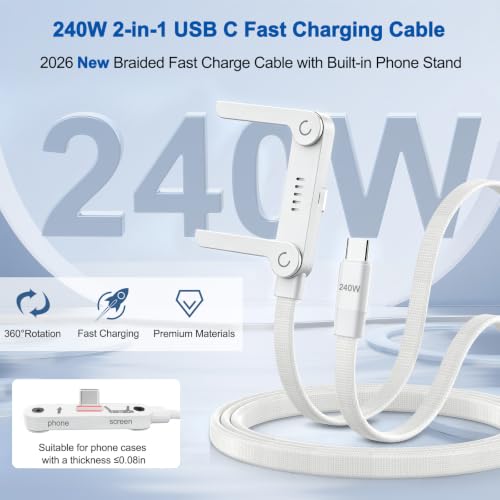 USB C to USB C Charger Cable 3Pack 5FT, 240W 2-in-1 Nylon Braided USB C Charger Cable with Built-in Phone Stand, Fast Charging Cord 90° Right Angle Compatible with iPhone iPad Samsung Galaxy, White - color: White