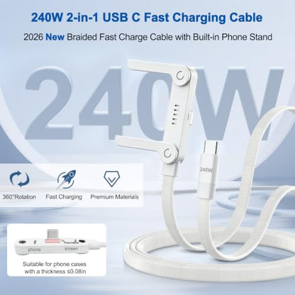 USB C to USB C Charger Cable 3Pack 5FT, 240W 2-in-1 Nylon Braided USB C Charger Cable with Built-in Phone Stand, Fast Charging Cord 90° Right Angle Compatible with iPhone iPad Samsung Galaxy, White - color: White