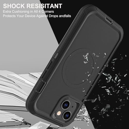 YKHJKLEC iPhone 13/14 Case Compatible With Magsafe - 3 in 1 Heavy Duty Shockproof/Drop Proof/Dust Proof With 2Pcs Tempered Glass Screen Protector (New-Black/Black) - color: New-Black/Black