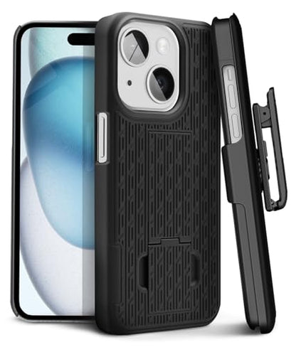 MOTIVE for iPhone 15 Case with Belt Clip, Rigid, Kickstand | 6.1" | Ranger v1 Series, Black, 360° holster, open-top/open-bottom port access, textured grip, slim - size: iPhone 15