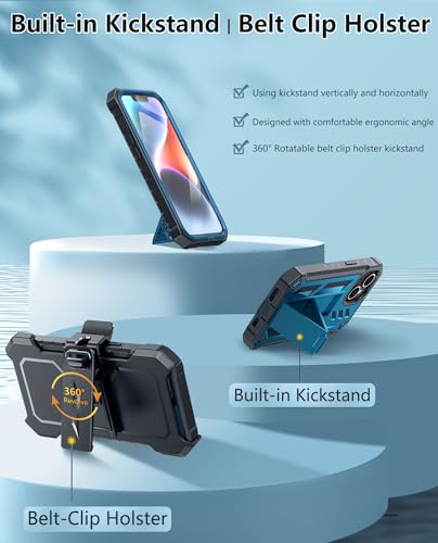 FNTCASE for iPhone 14/13 Case : with Belt-Clip Holster & Kickstand - Heavy Duty Military Grade Protection Cover Shockproof TPU Phone Shell Durable Rugged Full Protective Phonecase - 6.1 inch Blue | Rugged Kickstand, Military-Grade Drop Protection, Full Bo