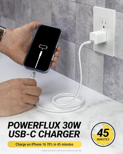 Scosche PowerFlux 30W USB-C Charger Block, Fast Charging GaN USB-C Wall Charger with Foldable Plug, Power Delivery PPS Compatible with iPhone 17/16, Samsung Galaxy, Google Pixel, MacBook, iPad & More