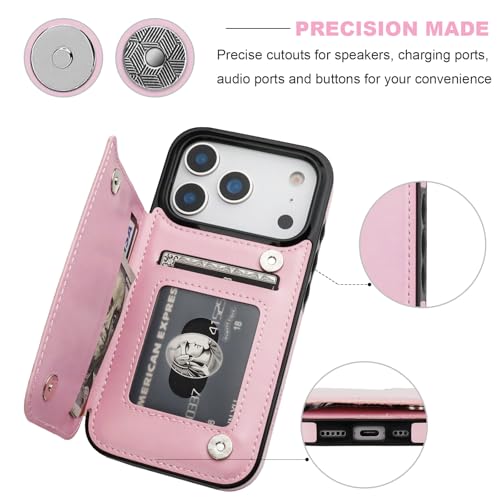 ONETOP for iPhone 17 Pro Wallet Case with Credit Card Holder,Pink | Kickstand,ID/Cash Holder,Case Wallet with Card Slots,Double Magnetic Clasp,Durable PU Leather Shockproof Cover for Women Men - color: Pink