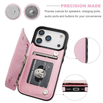 ONETOP for iPhone 17 Pro Wallet Case with Credit Card Holder,Pink | Kickstand,ID/Cash Holder,Case Wallet with Card Slots,Double Magnetic Clasp,Durable PU Leather Shockproof Cover for Women Men - color: Pink