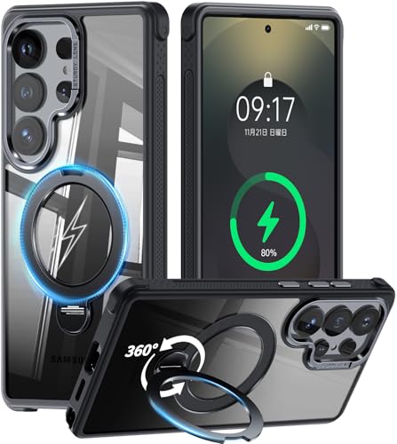 [360° Rotatable Invisible Magnetic Stand & Fit for MagSafe Designed for Samsung Galaxy S25 Ultra Case with Kickstand [Mil-Grade Shockproof] Clear Hard Back Cover for Galaxy S25 Ultra, Black - color: Black, size: For Galaxy S25 Ultra