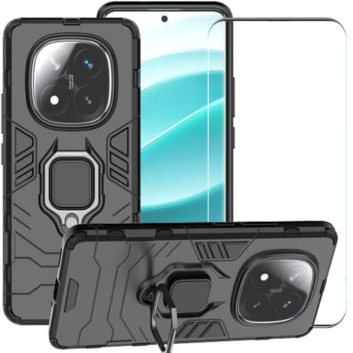 Phone Case for Xiaomi redmi Note 14 Pro Plus Case, 2 in 1 Hybrid Heavy Duty Armor Shockproof Defender Kickstand Dual Layer Bumper Hard Back Case Cover Tempered Glass Screen Protector，Black