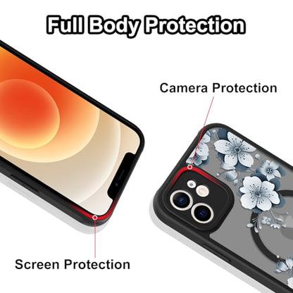 Magnetic for iPhone 12 Case,White Flower | [Compatible with MagSafe] Cute Fashion Translucent Matte Hard Back Shockproof Anti-Scratch Phone Case,Ink Flower - color: Ink Flower, size: iPhone 12