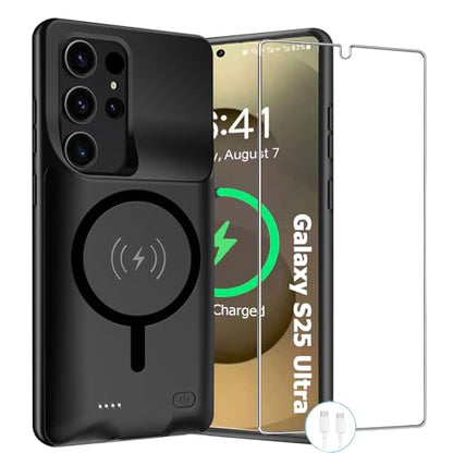 Wireless Charging Case for Galaxy S25 Ultra, Upgraded 12000mAh Rechargeable Portable Charging Case Compatible with Galaxy S25 Ultra (6.9 inch) with Carplay Extended Battery Pack Charger Case (Black) - size: Galaxy S25 Ultra -12000mAh