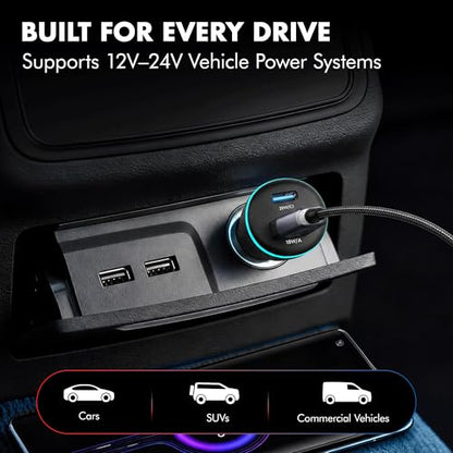 PD 20W Wozoyo Car Charger with Type-C & USB A,Power Delivery, PPS & QC 3.0, Dual Port Fast Charging (20W + 18W), 12V–24V Compatible, Multi-Layer Protection, 2-Years Manufacturer Warranty