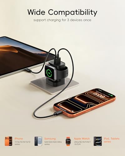 VRURC Fast Charger for iPhone, PD 20W USB C Wall Charger Dual Ports, 3-in-1 Foldable Charging Block Built in Magnetic Watch Charger Station for Apple Watch Ultra/10/9/8/7/6/5/4-Black - color: Black