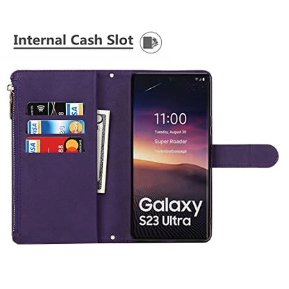 iCoverCase for Samsung Galaxy S23 Ultra Wallet Case with Card Holder, Kickstand Feature PU Leather Case with Adjustable Crossbody Lanyard Magnetic Clasp Zipper Pocket Flip Cover (Purple) - color: Purple, size: Galaxy S23 Ultra
