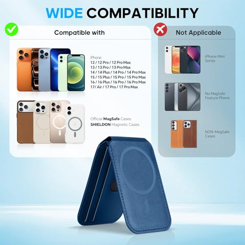 SHIELDON Genuine Leather Magnetic Wallet Stand for MagSafe, Royal Blue | Strong Magnetic, Card Holder, Kickstand, Angle Adjustment, Rfid Blocking, for iPhone 17/16/15/14/13/12 Series & Magnet Case - color: Royal Blue