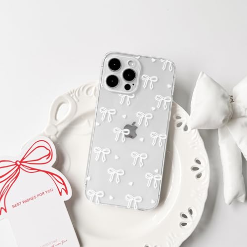 NITITOP Compatible with iPhone 13 Pro Max Case Clear Cute Bow Ribbon Love Heart Pattern for Women Girls Bowknot Full Camera Lens Soft TPU Slim Shockproof Protective Cover - White - color: White, size: iPhone 13 Pro Max