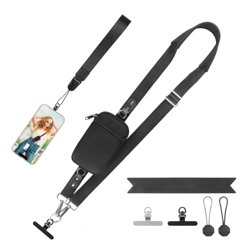 YFWE Clip and Go Strap for Phone With Wallet Crossbody (Detachable RFID Wallet) - Adjustable Phone Strap w/Soft Silicone Pad, Universal Phone Lanyard with 360° Rotatable Tether Tabs for All Phones - color: 1-black