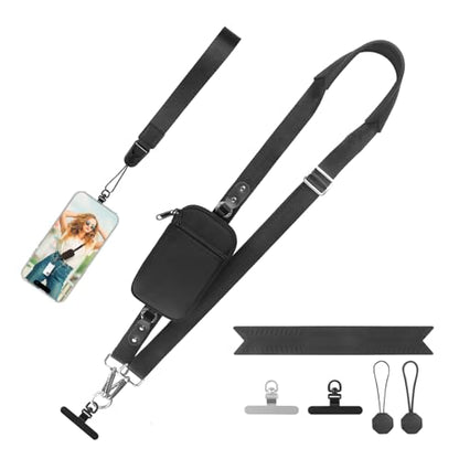 YFWE Clip and Go Strap for Phone With Wallet Crossbody (Detachable RFID Wallet) - Adjustable Phone Strap w/Soft Silicone Pad, Universal Phone Lanyard with 360° Rotatable Tether Tabs for All Phones - color: 1-black