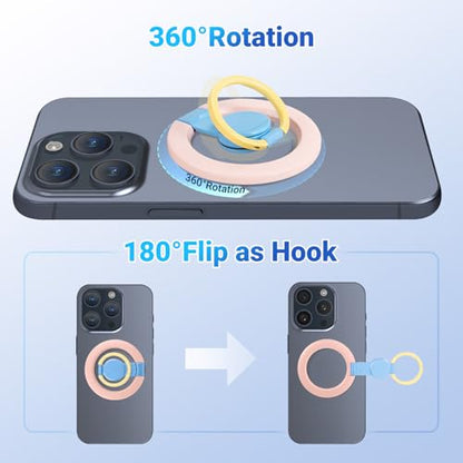 Magnetic Phone Ring Holder with Metal Ring Sticker, Long Grip as Hook, Cell Phone Grip for Hand Removable Finger Holder Compatible for MagSafe Sticker iPhone 17/16/15/14/13/12 Series, Pink - color: Pink with Blue Center