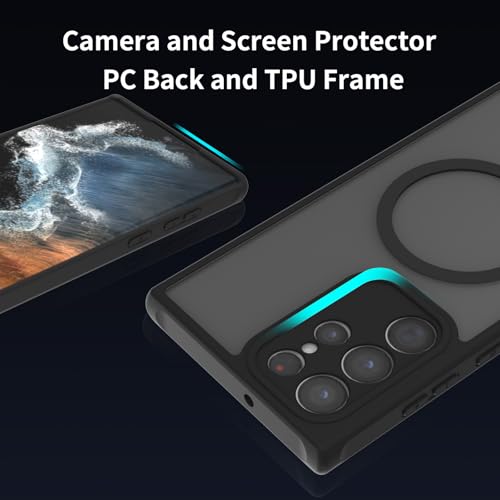 for Samsung Galaxy S22 Ultra Case Magnetic, Compatible with Magsafe 6.8-Inch Slim Fit Heavy Duty Protector Wireless Charging Shockproof Skin-Feel Anti-Slip TPU and PC Phone Cover, Black - color: Black Magnetic