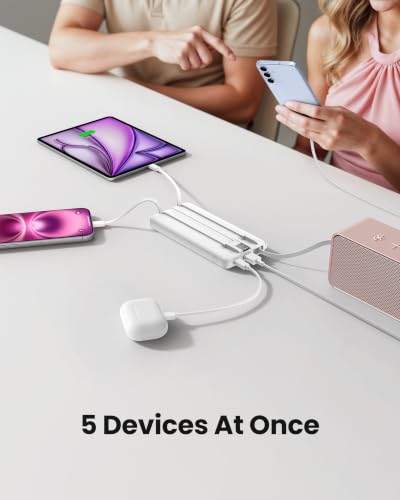 Portable Power Bank, 10000mAh Slim Portable Charger with Built-in Cables, External Battery Pack 5 Outputs 2 Inputs LED Display Compatible with iPhone/Android & More (White) - color: White