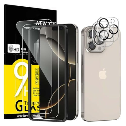 NEW'C 2 Pack for iPhone 16 Pro Screen Protector (6.3 inches) + 2 Pack Camera Lens Protector, Sensor Protection, Case Friendly Tempered Glass Film - Easy installation tool included - size: 16 Pro 6.3 inches