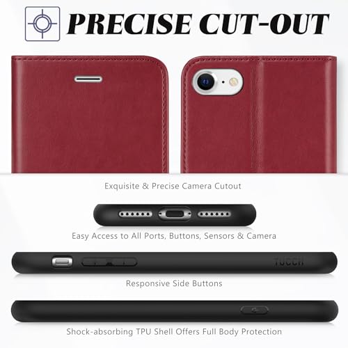 TUCCH Wallet Case for iPhone SE 2022/SE 2020/iPhone 8/7 (4.7"), Dark Red | 3 Card Holders, Kickstand, PU Leather, Shockproof TPU Shell, Magnetic Closure, Protective Folio Cover - color: Dark Red