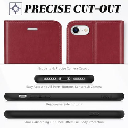 TUCCH Wallet Case for iPhone SE 2022/SE 2020/iPhone 8/7 (4.7"), Dark Red | 3 Card Holders, Kickstand, PU Leather, Shockproof TPU Shell, Magnetic Closure, Protective Folio Cover - color: Dark Red