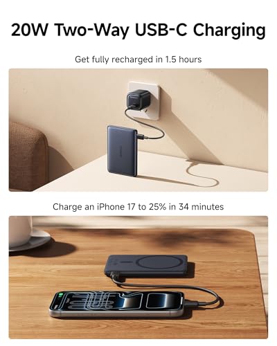 Baseus Picogo Power Bank, Smallest 7.5W MagSafe Portable Charger, 0.5" Ultra Slim 5000mAh Magnetic Battery Pack, Alloy Wireless Charger for iPhone 17 Pro Max/17 Air/16 Series