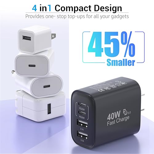 TT&C USB C Charger Block, 40W 4 Ports Wall Charger for iPhone 17,16,15,14 - color: Black 1Pack