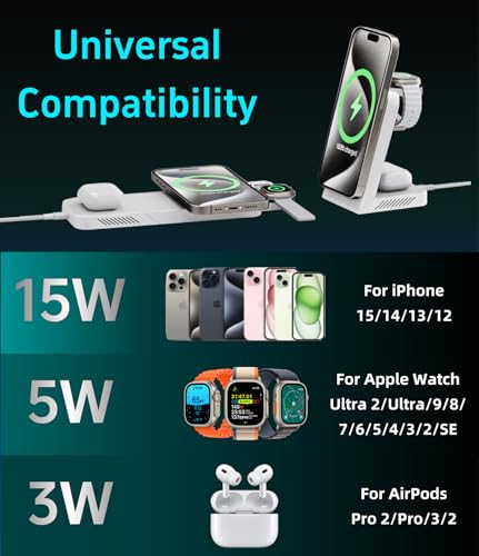 3-in-1 Fast Wireless Charging Station Multiple Devices, MagFree Transform 15W Magnetic Travel Charger Stand for iPhone 16/15/14/13/12, 5W Apple Watch Fast Charger, AirPods - 30W USB-C Charger Included