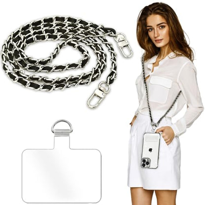 Phone Crossbody Chain Cell Phone Lanyard,Leather+Metal Shouder Strap Universal Abjustable Phone Chain Strap with Cellphone Tether Patches Compatible with Most Phones Bag Purse Silver+Black - color: A