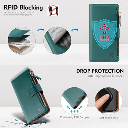 Shieldtop Compatible with Motorola Moto G Power 5G 2025 Wallet Case with Card Holder,Women Men RFID Blocking PU Leather Flip Phone Case Protective Cover Wrist Strap Zipper Credit Card Slots,Blue Green - color: Blue Green, size: Moto G Power 5G 2025 - 6.8"