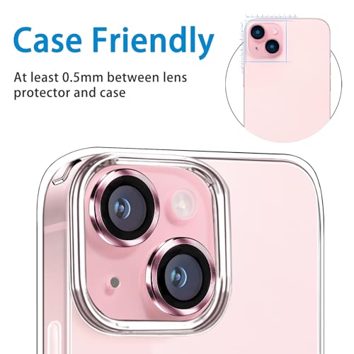 Compatible with iPhone 15 and 15 Plus Camera Lens Protector, Anti-Scratch Lens Cover 9H Tempered Glass Metal Camera Screen Protector Shockproof Camera Ring for iPhone 15 and 15 Plus - 2 Pcs Pink - color: Pink