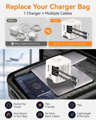 W & O 60W Gan Fast Charger Wall Plug, Built-in Retractable USB-C & L Cables - color: white+white