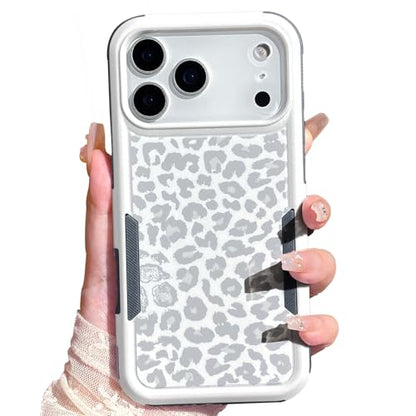 Cute White Leopard Light Gray Cheetah Case for iPhone 17 Pro Max | Heavy Duty Tough Rugged Full body Protection Shockproof Protective Phone Case for Women Girls - color: iPhone 17 Pro Max