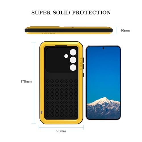 LOVE MEI Military Rugged Case for Samsung Galaxy S25 FE 5G, with Tempered Glass Screen Protector, Shockproof Dustproof Scratch Proof Hybrid Metal and Silicone Gel Heavy Duty Full Body Cover (Yellow) - color: Yellow
