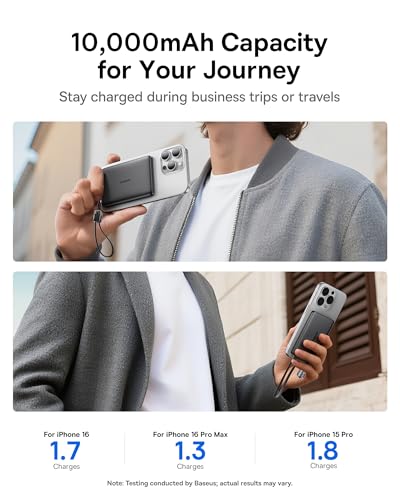 Baseus Picogo Qi2 15W Magsafe Portable Charger, 0.5" Ultra Slim 10000mAh Wireless Power Bank with 27W Built-in USB-C Cable, Magnetic Battery Pack for iPhone 17 Pro Max/17 Pro/Air/16/15/14/13/12 | 10000mAh Wireless Power Bank, 27W Fast Charging Magnetic Ba