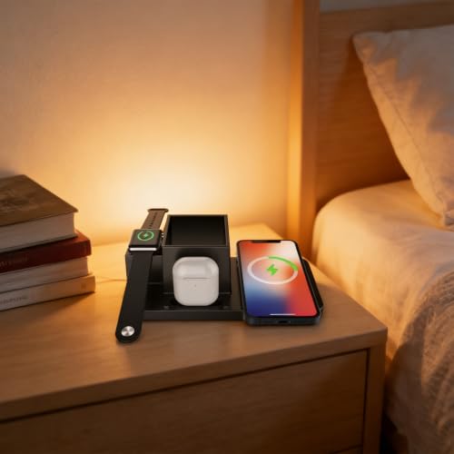 4 in 1 Wireless Charging Station, Multi-Device Fast Wireless Charger, Magnetic Charging Dock, Dual Headphone Charging, Desktop Organizer Stand for Home and Travel