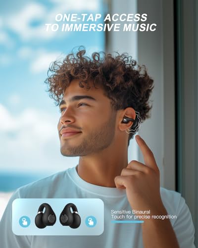 Jzones Open Ear Clip Wireless Earbuds Bluetooth 5.4, Lightweight Comfort Sports Bone Conduction Headphones Built-in Mic for Clear Audio, Stable Fit Earphones 24H Play-Soft Black