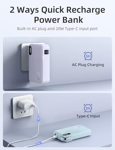 RORRY Portable Charger 3 in 1 with Wall Plug 10000mAh Power Bank for iPhone - color: Purple
