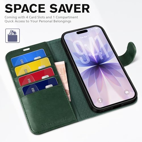 TUCCH Wallet Case for iPhone 17 (6.3") 2025, 4 Card Holders, Evergreen | RFID Blocking, Viewing Stand, Shockproof TPU Shell, PU Leather, Magnetic Closure, Protective Folio Flip Cover - color: Evergreen