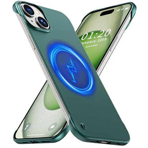 GRECAZO Magnetic Frosted Frameless Case for iPhone 15, Dark Green | Compatible with MagSafe, Metallic Finish, Hard PC Cover, Ultra Thin Lightweight Minimalist Borderless, Slim Fit, 6.1-Inch - color: Dark Green, size: iPhone 15