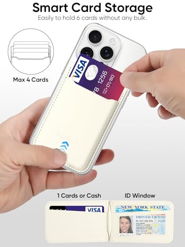 TopMade Phone Card Holder, Leather Phone Wallet Stick on with Stand, Open ID Window, 3M Adhesive Credit Card Holder for Back of Phone Case, iPhone, Samsung, and Android, Fit 6 Cards, Milky White - color: Milky White