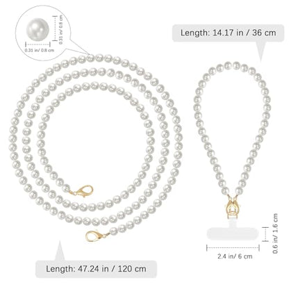 MoKo Pearl Phone Crossbody Chain Lanyard with Wrist Strap and 2 Patches - color: Pearl White