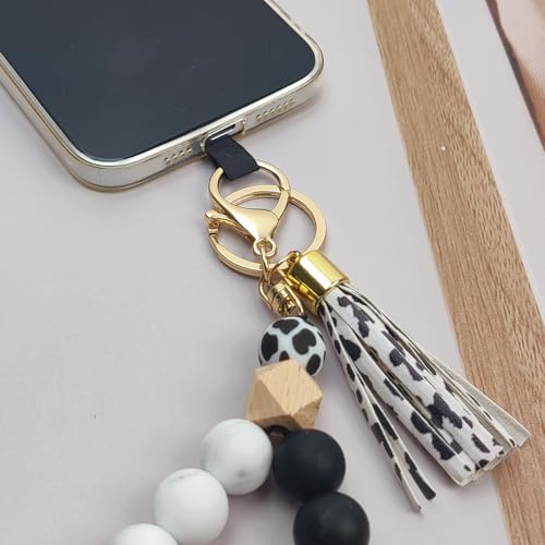 Phone Lanyard Silicone Beaded Phone Wrist Strap Cute Elastic Cell Phone Wristlet Chain Bracelet with 2 Tether Tab - color: Black